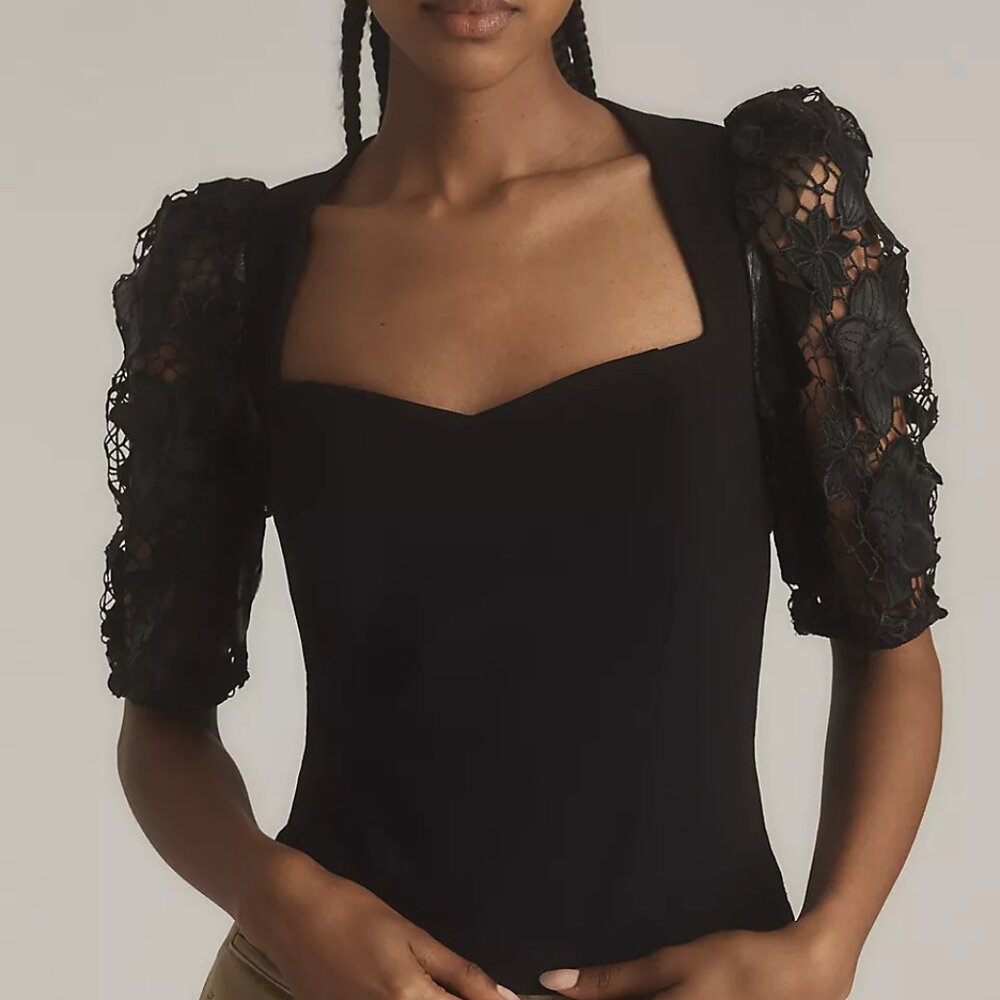 Anthropologie Dolan Left Coast Faux-Leather Cutwork Puff-Sleeve Blouse